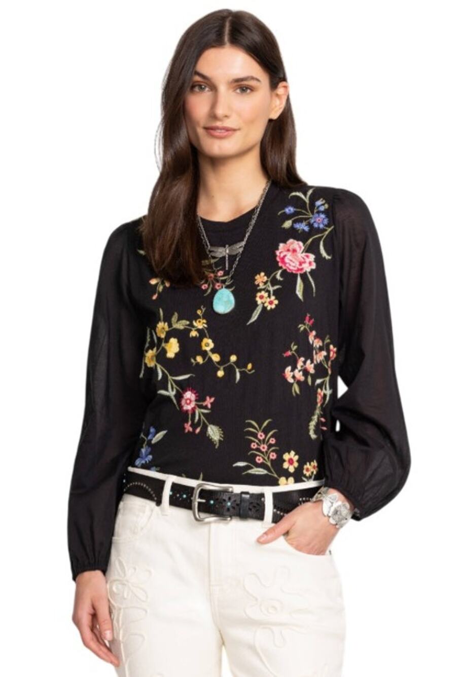 Johnny Was Black Mixed Media Floral Embroidered Long Sleeve Tee